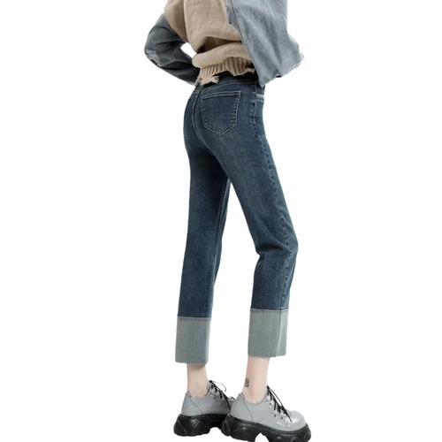 Vintage Flared Straight Leg Women's Winter High-Waisted Elastic Fitted Slimming Casual Nine-Inch Smoked Pipe Pants