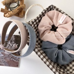 淡粉&灰藍燈芯絨系列甜美少女斜條紋發圈大腸圈寬邊外出發箍髮飾