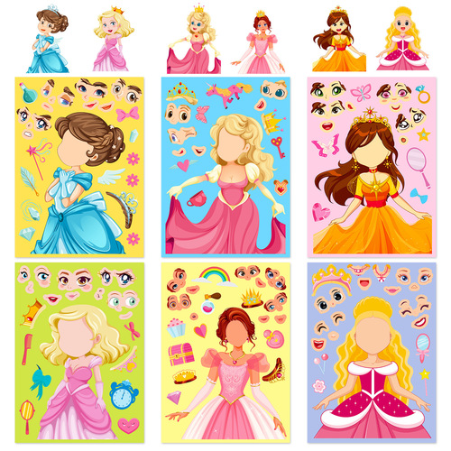 Cross-border 6 sheets per pack Fairy Princess Face Change Puzzle Sticker Princess Face Change Make a Face Puzzle Sticker