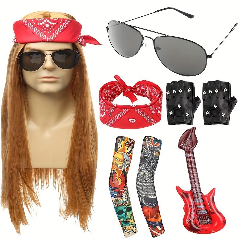 7080S Rock Costume Wig Headscarf Glasses Punk Gloves Tattoo Sleeves Hippie Punk Party Lp720