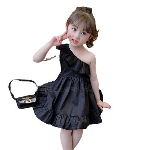 Girls' Sleeveless Summer Dress New Arrival Off-the-Shoulder Children's Stylish Black Princess Dress Baby Formal Dress