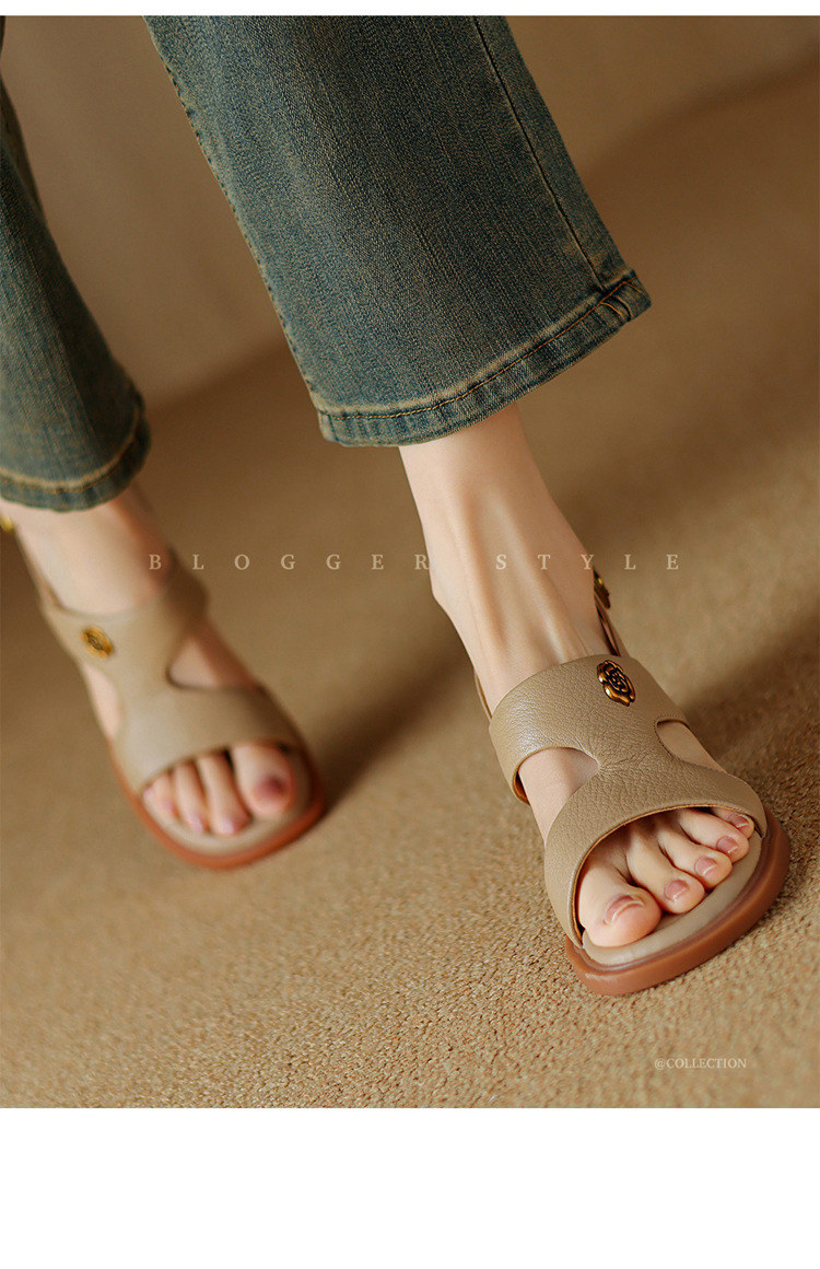 Sandal hở ngón da cừu gót thô đầu vuông quai ngang kiểu La Mã — Màu trắng be chi tiết 1