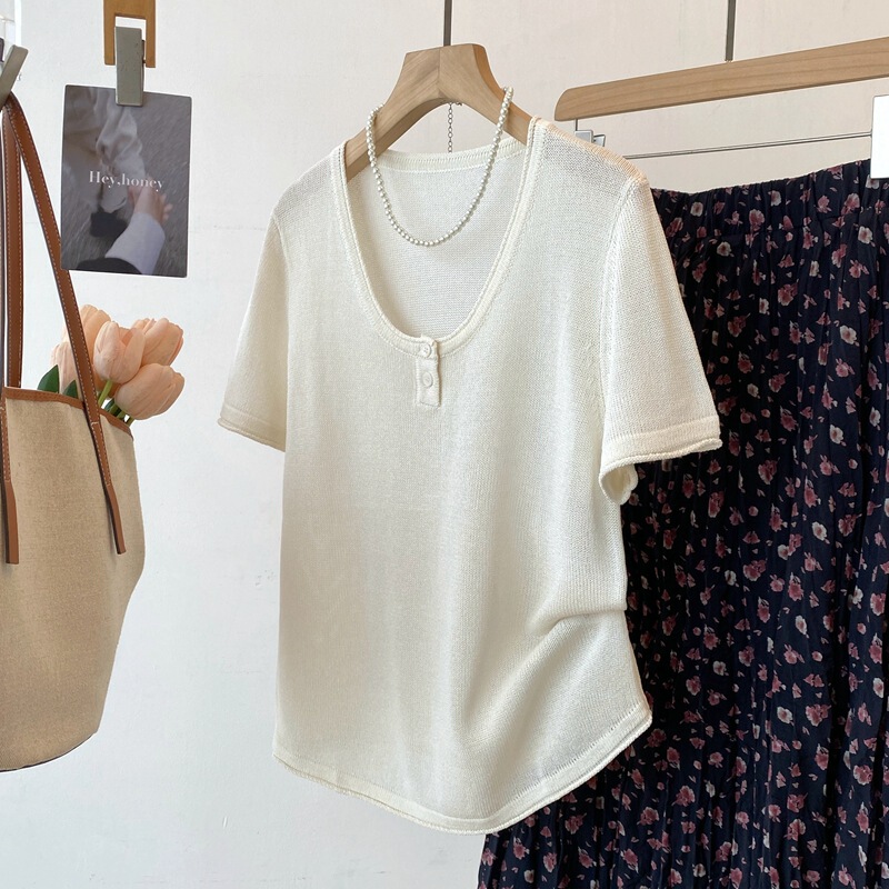 26 New Summer Products with a Cool and Elegant Style, Round Neck, Two-Button Knit Short-Sleeve Top Made of Japanese Paper Yarn V2011 26 New Summer Products with a Cool and Elegant Style, Round Neck, Two-Button Knit Short-Sleeve Top Made of Japanese Paper Yarn V2011