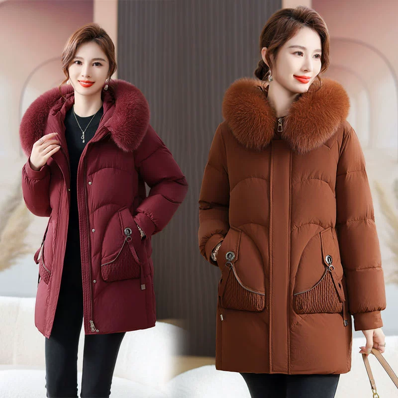 Пуховик для среднего и пожилого возраста, Женский среднего и долгого возраста, 2023, новое модное зимнее пальто для мамы в западном стиле, куртка с воротником из натурального меха и хлопковой подкладкой