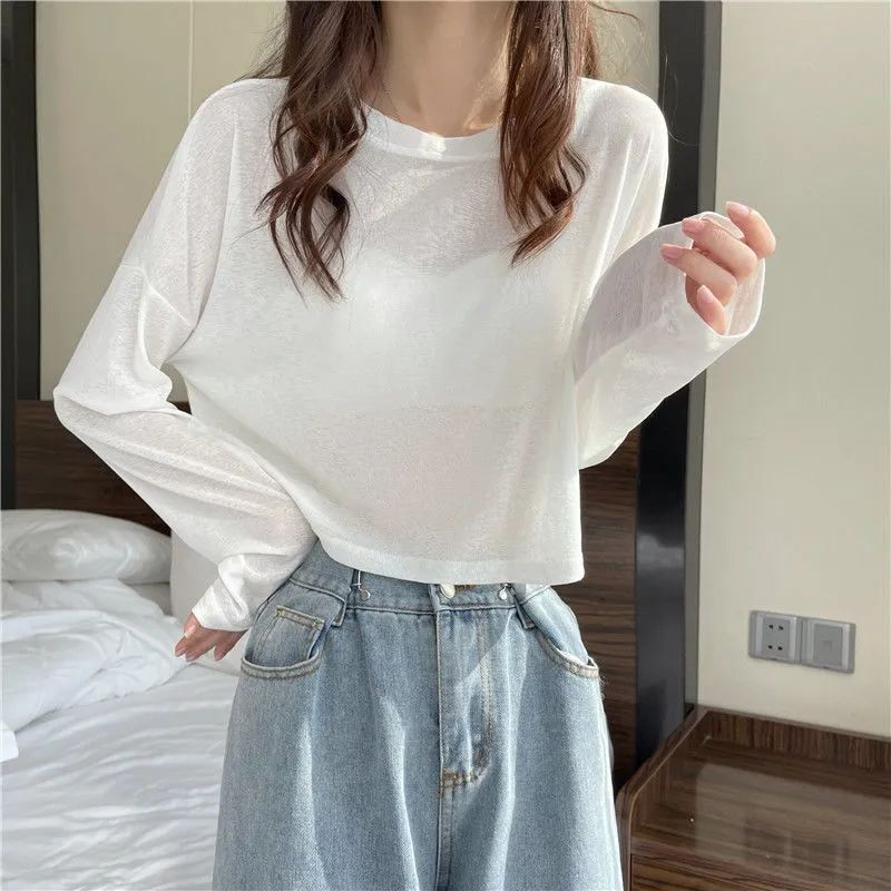 2026 New White Ice Silk Long-Sleeve Sun Protection Cover-Up for Women, Summer Thin Versatile Loose Short T-Shirt Ins Top