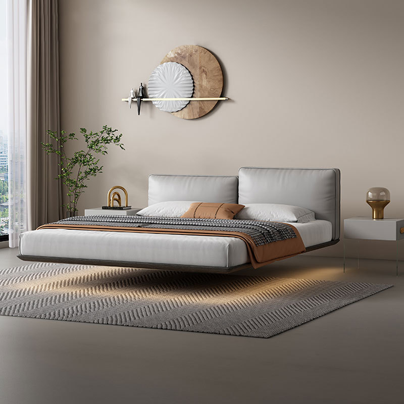 Cama de suspensión italiano minimalista cama de cuero real dormitorio principal moderno minimalista cama doble alta y baja cama de bloque de tofu muebles de cama de boda