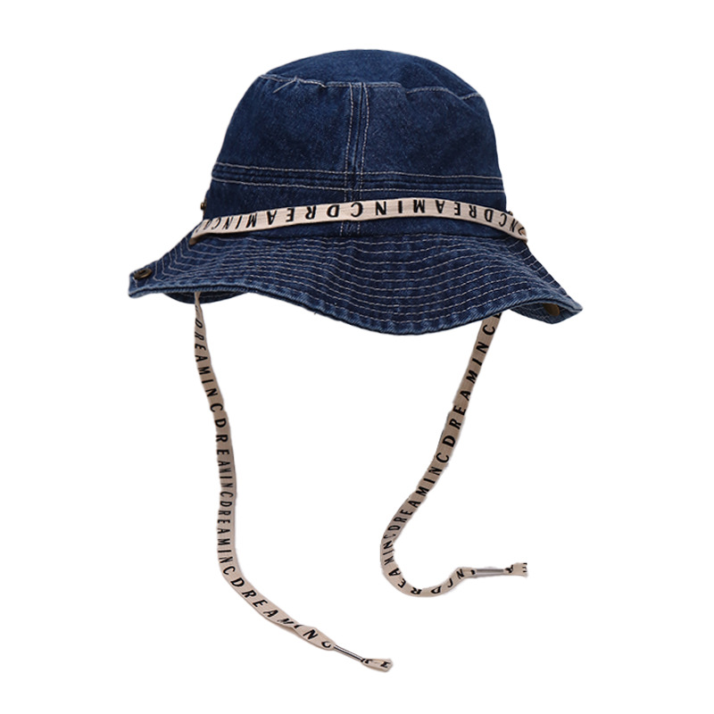 Gorra de pescador con cordones de letras retro coreanas para mujer, sombrero de lavabo de todo fósforo casual de primavera y verano, sombrero de montañismo de mezclilla occidental
