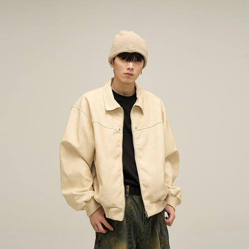 Tailor's Shop Maillard American Retro Brown Leather Jacket Men's Trend Relaxed Spring and Autumn Style Jacket Cotton Coat Trend