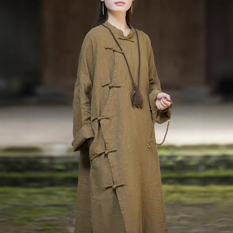 早秋苎麻新中式连衣裙女新款禅修居士服棉麻复古禅意偏襟袍子|undefined