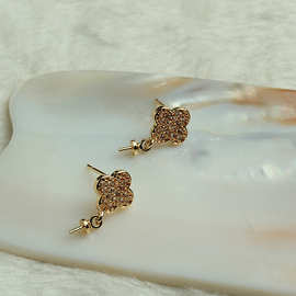 14k镶锆石四叶草带空托耳钉 diy手工饰品配件 金色耳钩配件帽耳针