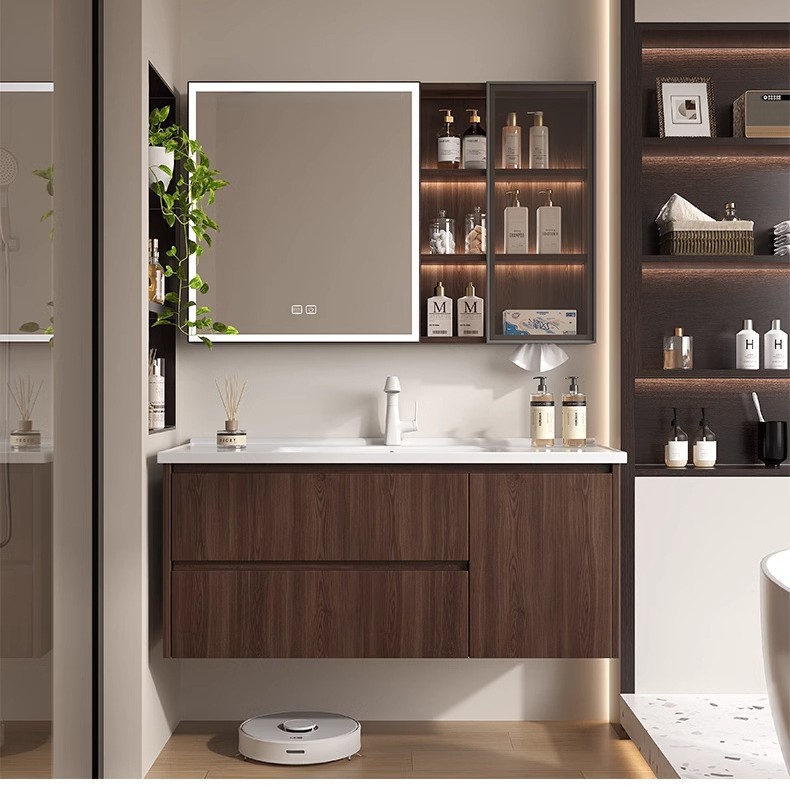 Baño de color de nuez panal de panal gabinete de baño combinado en cerámica lavabo lavabo gabinete lavabo