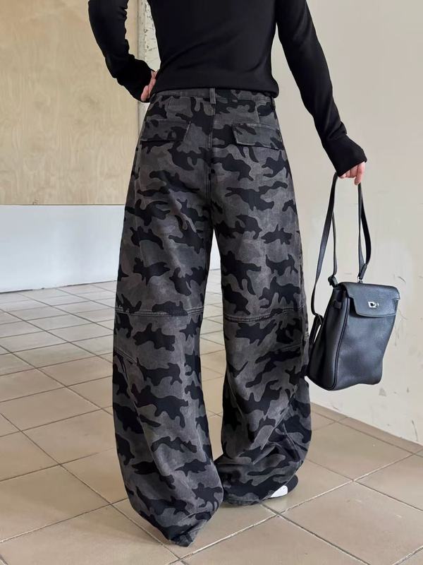 梵思羽美式迷彩工装牛仔裤女秋季街头大码垂感百搭宽松阔腿裤子潮|undefined