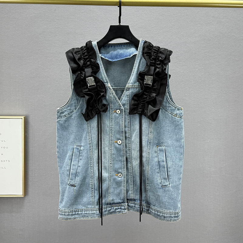 Los productos europeos de diseño de empalme de hojas de loto sin mangas chaleco de vaqueros primavera y verano 2025 nuevo estilo de empalme de moda de la industria pesada clip image 6