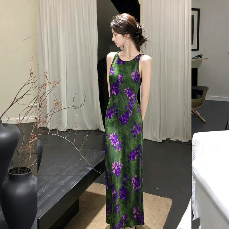 【Zitanghua】Silk-simulated Xiangyunsha bias-cut off-the-shoulder dress with gradient dye, sleeveless, round-neck, vintage side-slit long dress 【Zitanghua】Silk-simulated Xiangyunsha bias-cut off-the-shoulder dress with gradient dye, sleeveless, round-neck, vintage side-slit long dress