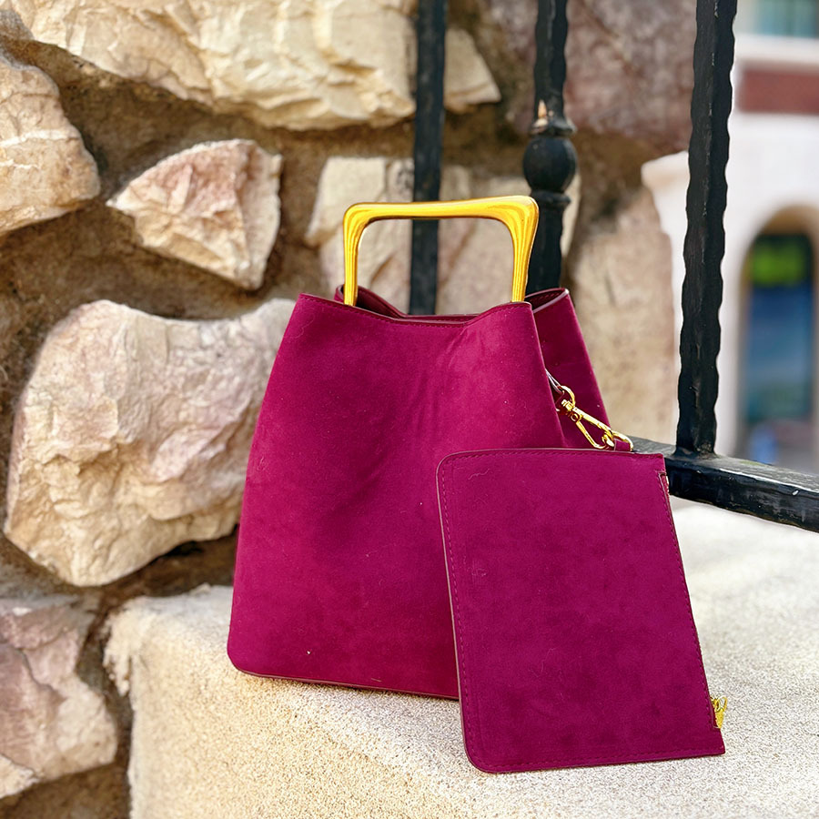 Rosarote Wildleder-Beuteltasche, lässig-schlicht, leicht luxuriös, mit Metallgriff, Damenhandtasche_voghion.com