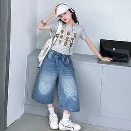 女童套装夏季2026新款儿童洋气时髦卡通波点短袖T恤牛仔阔腿裤潮
