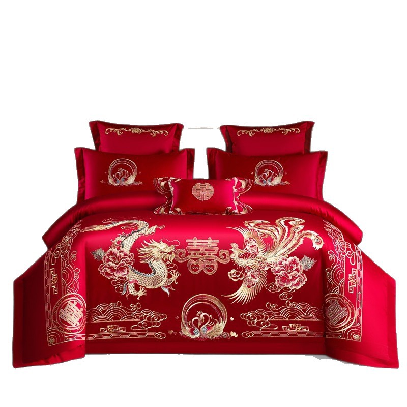 algodón molido de alta gama, bordado de bodas, algodón puro, cuatro piezas, ropa de cama de boda roja, lujo ligero