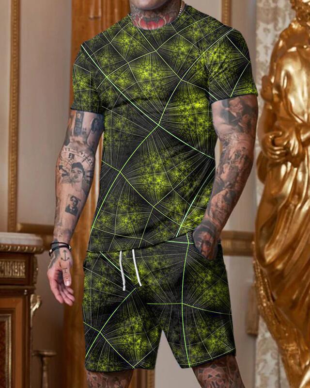 2023 European and American Summer Men's Short-sleeved Trendy Leisure Beach Style Texture 3D Digital Printing T-shirt Shorts Set