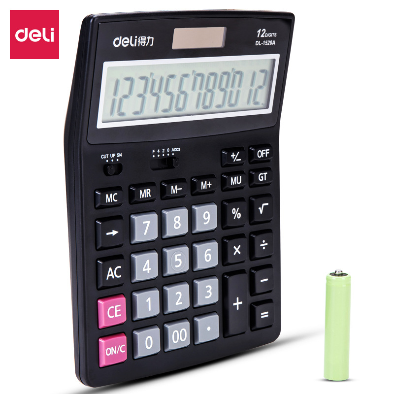 Deli 1520A Calculadora de escritorio solar de 12 bits de doble potencia de ordenador de oficina Calculadora de contabilidad financiera