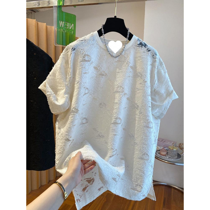 高級感黒透かし彫り穴ジャカード半袖tシャツ女性上着ファッションユニークカジュアル2025夏新作|undefined