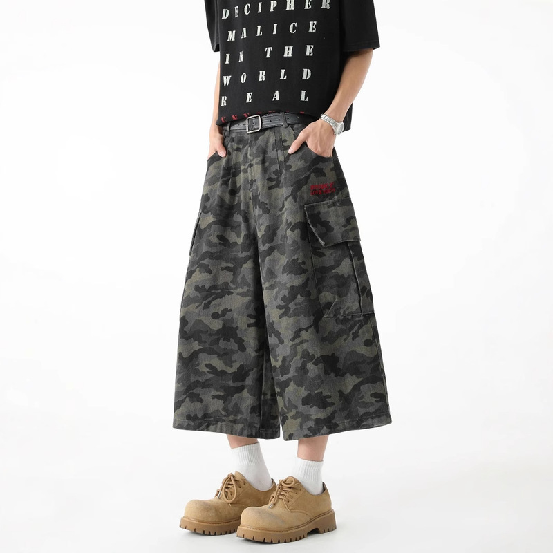 American Retro Camouflage Denim Shorts Cropped Pants Unisex Summer New Trendy Brand Workwear Loose Wide-Leg Straight Pants