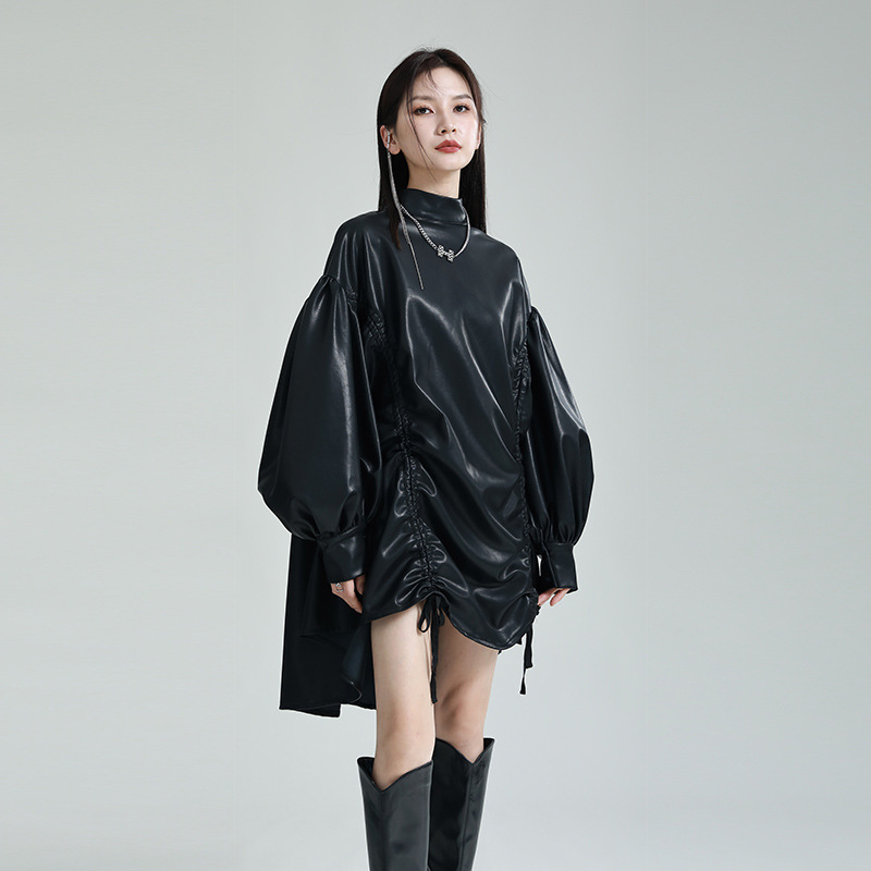 Zhongchuang Rizhen Niche Design Asymmetrical Drawstring Stand Collar Cape Dress 2025Pu Leather Lantern Sleeve Tutu Skirt
