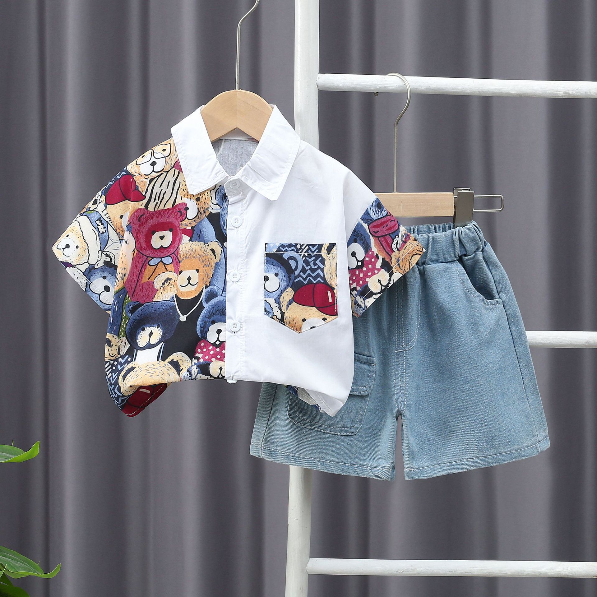 Children's Clothing Boys' Suits Children's Summer Clothes New Fashionable Baby Color Matching Bear Shirts Short-Sleeved Clothes Children's Shirt Sets
