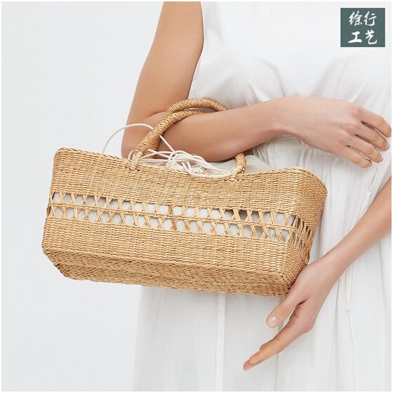 Xuxing Craft Straw Bag Ins Summer Long Square Yellow Straw Bag Basket Beach Bag Women's Handbag Fashion Holiday Bag