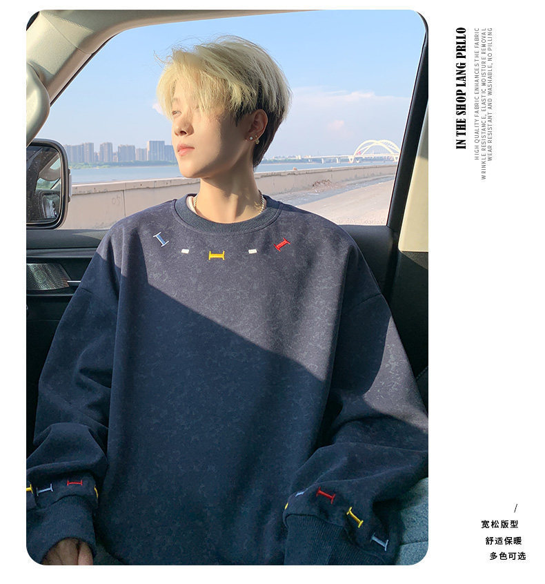 Embroidered Crew Neck Long Sleeve Pullover For Men Casual Top_voghion.com