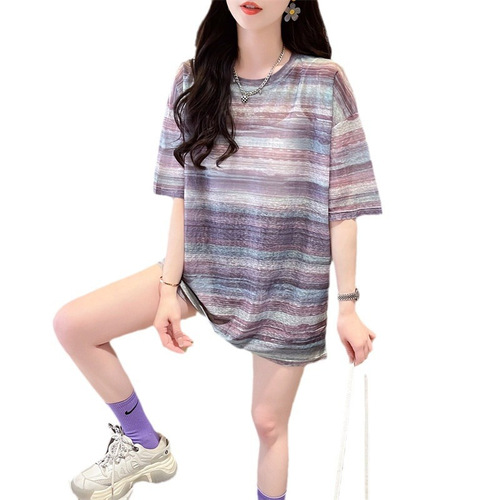 95% polyester, 5% spandex, exclusively for European size, Heyin tie-dye striped short-sleeve T-shirt for women