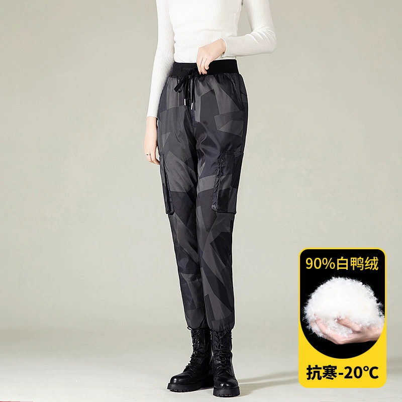 Зимние пуховые брюки, мужские Модные брендовые свободные рабочие брюки больших размеров, камуфляжные повседневные брюки с завязкой на щиколотке, белые брюки на утином пуху 90