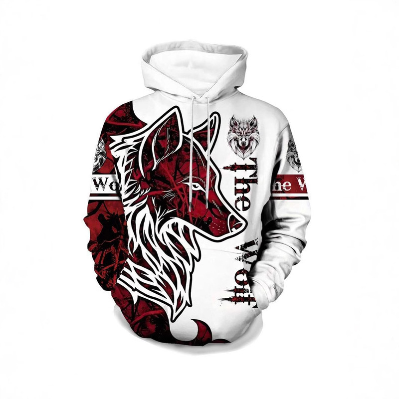 2024 Hot Selling Men's High Street All-match Loose Hooded Sweatshirt Personality Red Wolf 3D Digital Printing Factory Outlet