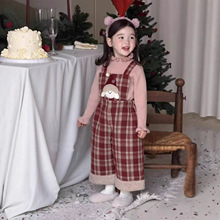 儿童加绒连体棉裤子2025冬季女童婴幼儿女宝宝格子加厚保暖背带裤