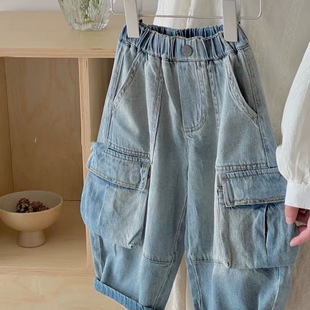[1768 people's collection] 2025 spring boys and girls loose straight overalls large pocket light blue jeans
