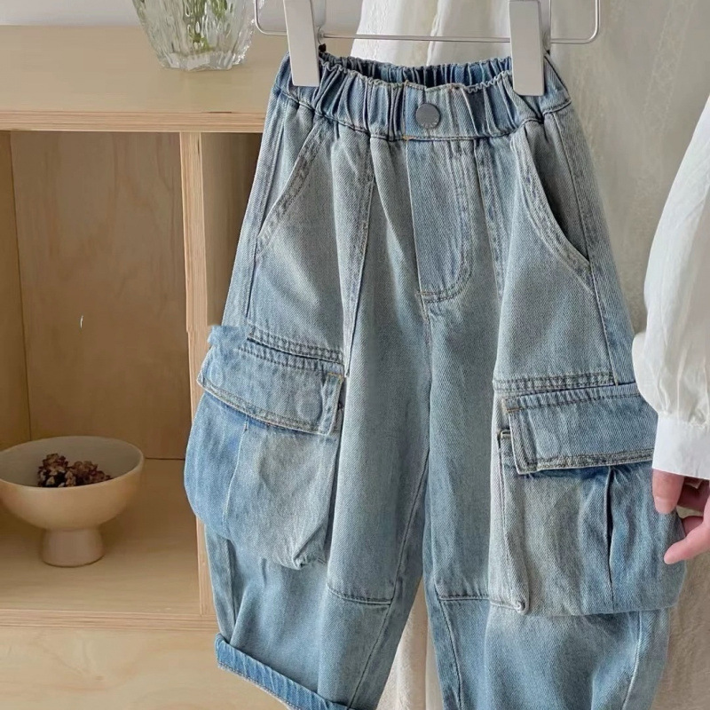 [1768 people's collection] 2025 spring boys and girls loose straight overalls large pocket light blue jeans