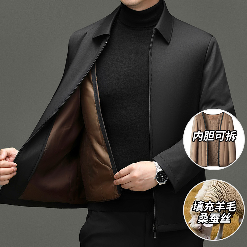 New winter collection: wool and mulberry silk cotton jacket with a detachable inner lining, suitable for business casual wear, thickened for warmth, designed for middle-aged men