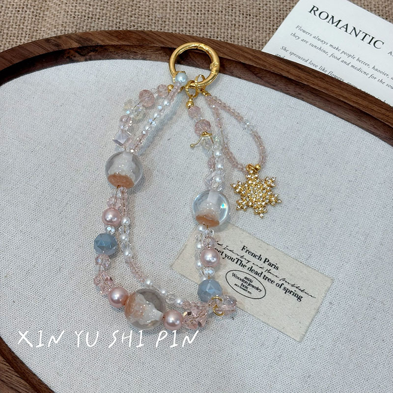 [Snow Country Elf] Sparkling Diamond Snowflake Blue Pink White Beaded Mobile Phone Chain Christmas Tree Keychain Easiest for Match Fashion Pendant