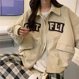 秋冬新款短款宽松工装灯芯绒外套女复古字母洋气潮流休闲