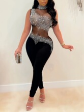 S 35231 Sheer Mesh Rhinestone Jumpsuit ��ɴ��������� �羳��