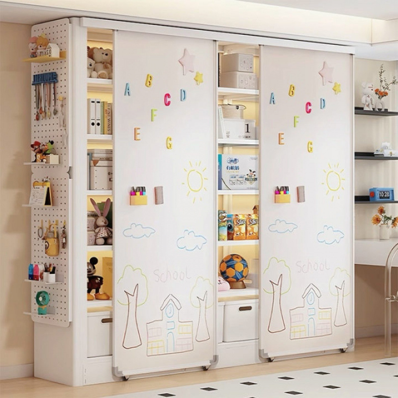 Household Whiteboard Sliding Door Bookshelf Living Room Study Integrated Multi-Layer Combination Cabinet Children's Picture Book Shelf Dust-Proof Bookcase