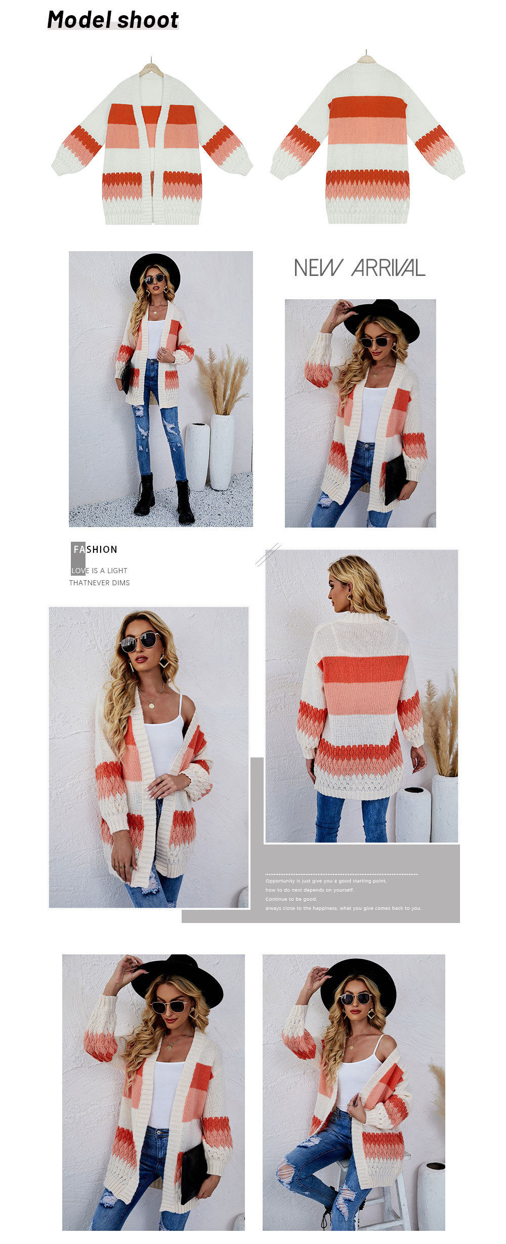 contrast color stitching mid-length loose knitted cardigan NSWJY137635