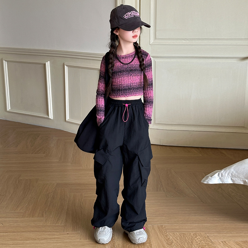 소녀 줄무늬 티셔츠 세트 2024 가을 원피스 대형 어린이 스웨터 작업복 바지 봄과 가을 트렌디 쿨 투피스 대외 무역 세트