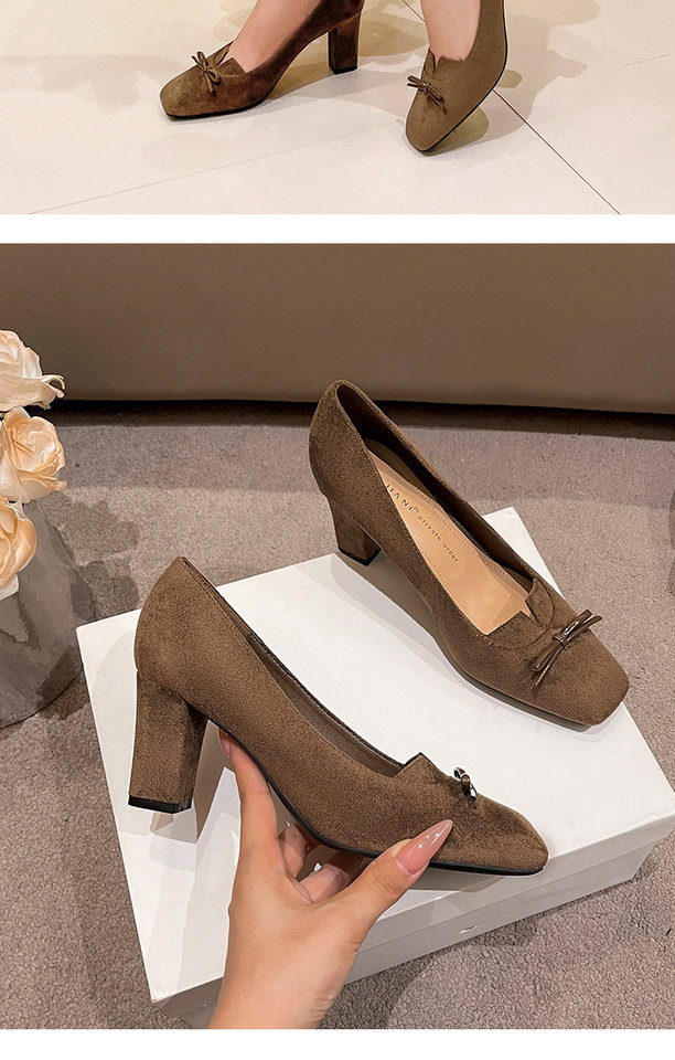 Giày cao gót nữ mũi vuông gót dày 6–8 cm thiết kế thanh lịch có nơ — màu kaki, màu nâu, rượu vang đỏ chi tiết 14