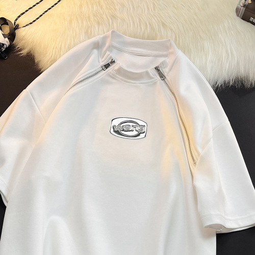 Designer unisex t-shirt with dual zipper, men's short-sleeve summer American large size street fashion brand half-sleeve T-shirt