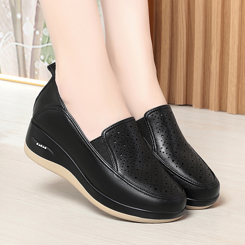 Summer Explosions Hollow Women's Shoes Soft Leather Soft Sole All-match Comfortable Single-layer Shoes Middle-aged and Elderly Hole Shoes Wedge Heel Women's Leather Shoes