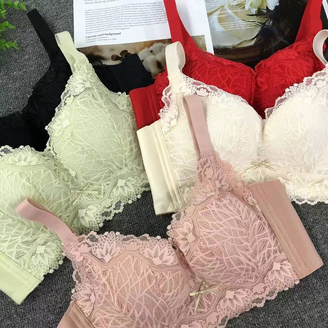 Nuevo sujetador de alta calidad de moda de encaje jacquard transpirable y cómodo ajuste lateral de pecho de tres filas de botones ropa interior para mujeres