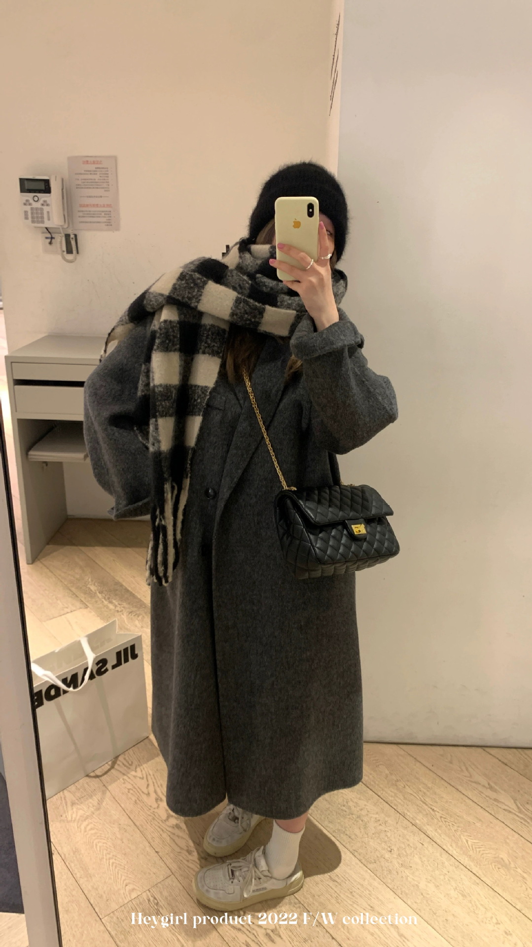 Houndstooth Plus Long Woolen Coat Image 4