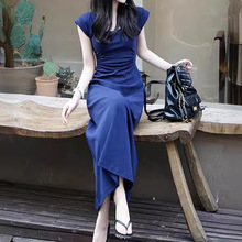 法式蓝色收腰修身小众高级感显瘦气质连衣裙子女夏季2024新款长裙