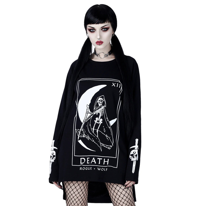 2022 Autumn And Winter Gothic Dark Style Sleeve Moon Letter Print Long Round Neck Sweatshirt For Women_voghion.com