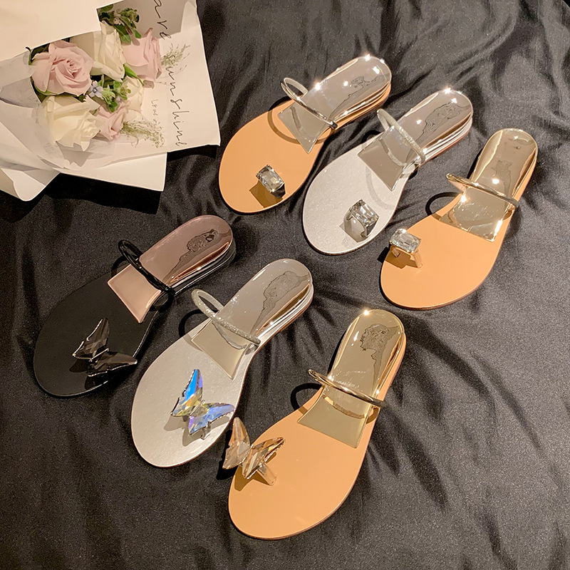 Vacation Lazy Style Pointy Toe Butterfly Slippers 2024 Summer Round Toe Flat Toe Women's Beach Sandals